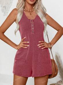 Monos de verano para mujer de unicolor, sin mangas, acanalados, informales, con bolsillos