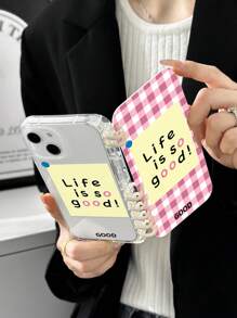 Rosa kariertes Buch-förmiges Flip Schutz-Handyhülle "Das Leben ist so gut!" Notiz-Memo transparente Handyhülle, kompatibel mit iPhone & Galaxy