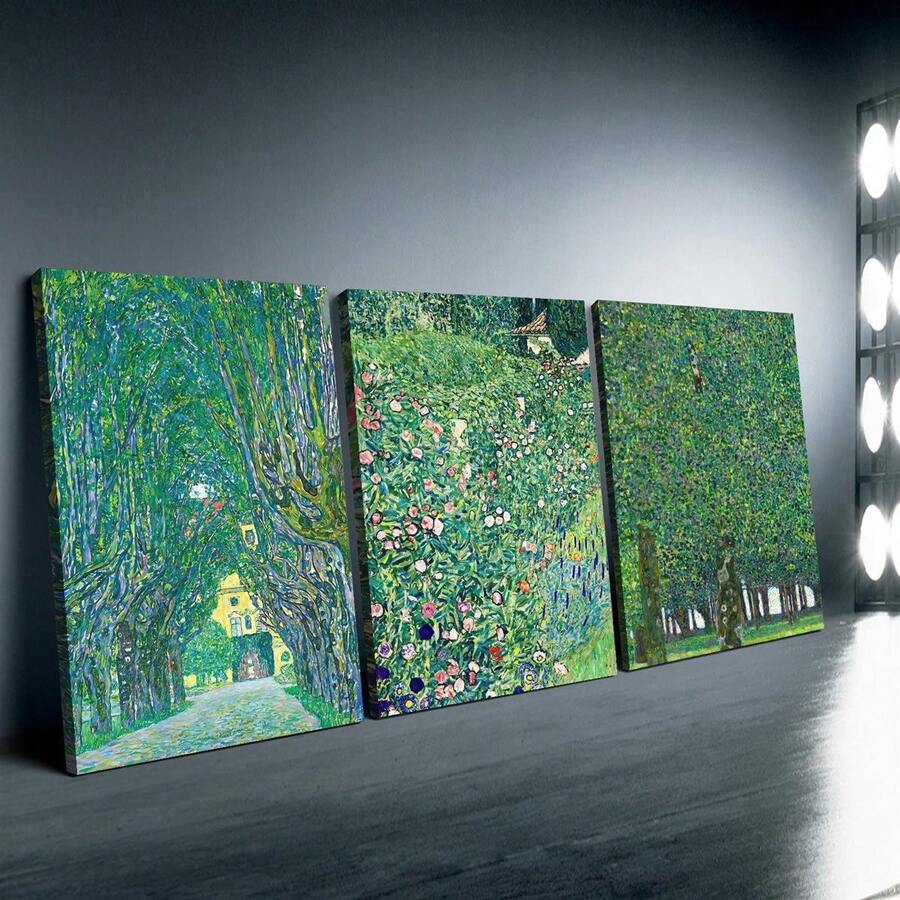Gustav Klimt Inspired Triptych Canvas Wall Art Prints - Set Of 3 Wrapped Canvas Paintings, Pine Wood Frame, Art Deco Style, Modern Classic Wall Decor For Living Room, Bedroom, Home Office - Indoor/Outdoor Cartoon Theme Artwork, Waterproof Ink, Portrait Orientation - Ideal For Spring & Summer Home, Office, Restaurant Decor & Gifts