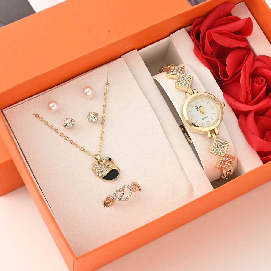 Caja de regalo de San Valentín con 7 piezas: reloj, aretes con perlas y rhinestones, collar con cisne, anillo en forma de corazón, jabón, flor de rosa falsa