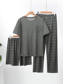 Bộ đồ ngủ mùa hè nhẹ 3 món cho nam, áo sơ mi tay ngắn và quần short/quần dài, đồ mặc nhà kẻ caro - Cà phê nâu - Xem 1