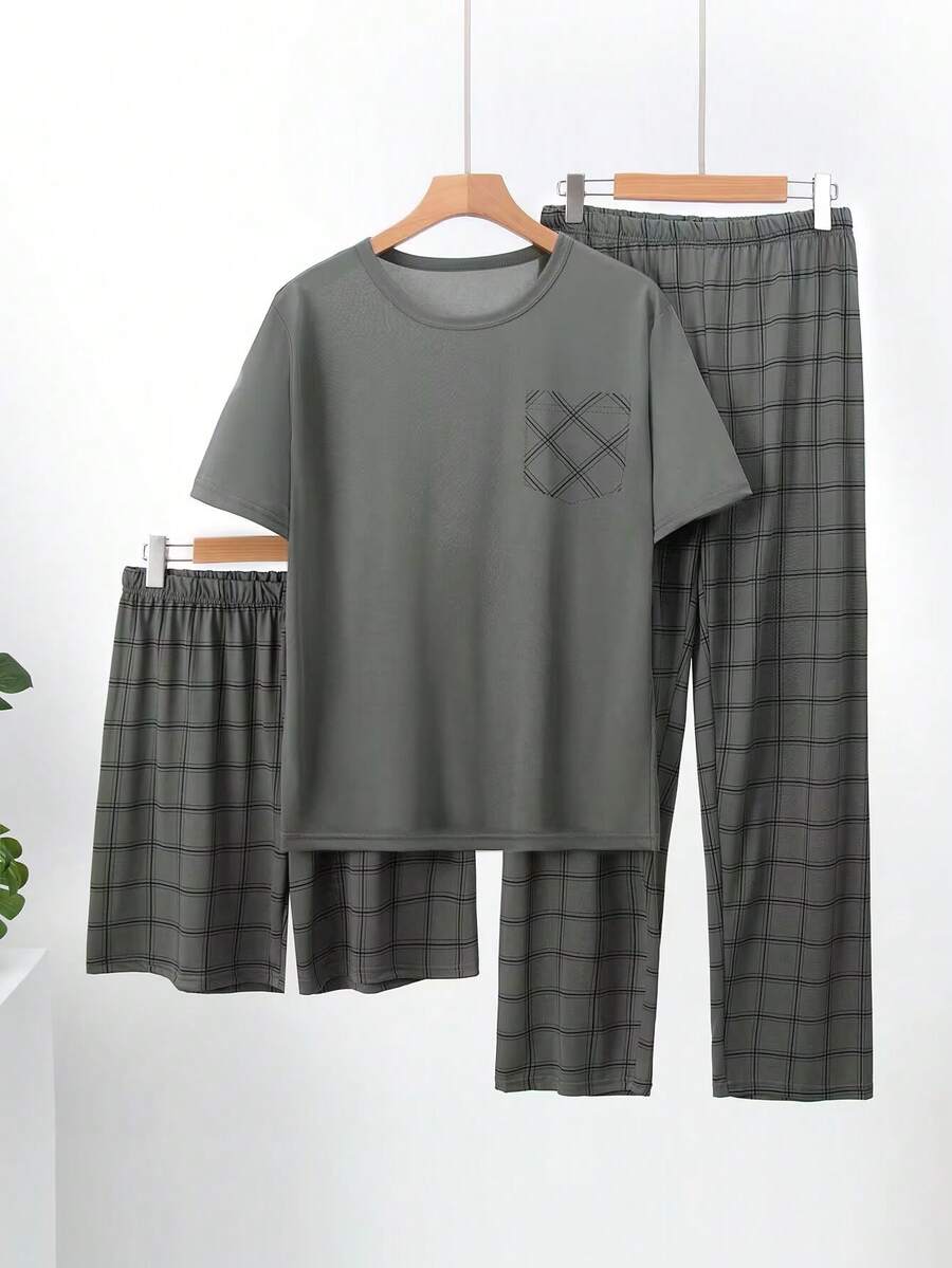 Bộ đồ ngủ mùa hè nhẹ 3 món cho nam, áo sơ mi tay ngắn và quần short/quần dài, đồ mặc nhà kẻ caro - Cà phê nâu - Xem 1