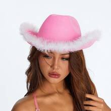 Womens Cowboy Hat, Adult Solid Color Furry Trim Wide Brim Hat Female Cap For Dating Party - Pink and White Feathers - View 10