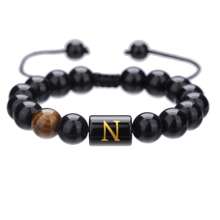 1pc Natural Black Agate 26 Letter Beaded Adjustable Braided Bracelet, Suitable For Various Occasions Like Festivals, Sports, Casual, Business Wear