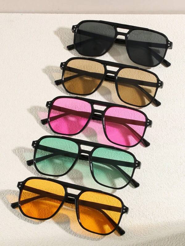 1pc Women's Square Rivet Frame Multicolor Combination Glasses Sets, Suitable For Outings, Retro Double Bridge Simple Large Frame , Ins Personalized Ocean Lens
