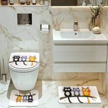 4 Stücke süße Cartoon Katzen Badezimmer Duschvorhang Set, beinhaltet Badematte, U-förmiger Toilettendeckel, wasserdichter Duschvorhang, modische Vorhangpaneele für Badezimmerdekoration, moderner Stil, keine Bohrung erforderlich, maschinenwaschbares Badezimmerzubehör für den Schulanfang