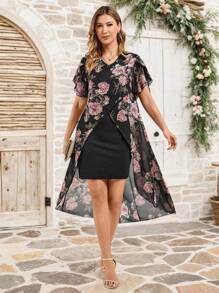 Conjunto informal de 2 en 1 de verano con estampado floral elegante de gasa asimétrico