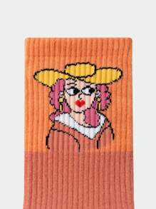 5 Pairs Unisex Assorted Color Cartoon Pattern Mid-Calf Fashionable Socks, Suitable For Daily Wear, Perfect Gift For Family And Friends