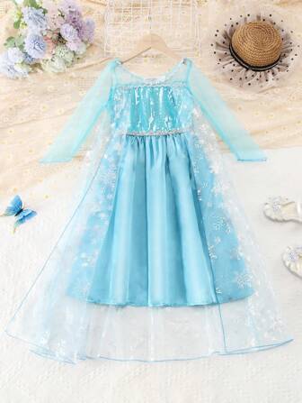 Young Girl Sequin Snowflake Decor Mesh Tulle Princess Dress With Snowflake Shawl, Princess Party Dress, Casual Dress For Spring/Summer, Suitable For Outing, Gathering, Birthday Party, Princess Party, Stage Performance And Other Large Events