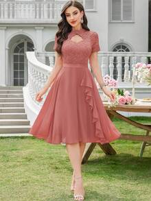 MIUSOL Floral Lace High Neck Side Ruffle Chiffon Cocktail Party Swing Dress - Dusty Pink - View 10