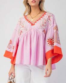 Women's Floral Print Babydoll Tops Summer V Neck Flare Sleeves Boho Loose Flowy Beach Vocation Tee Shirts - Hồng - Xem 3