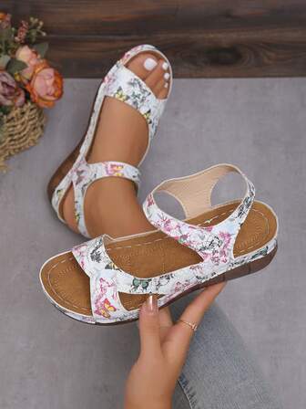 Women's Thick Sole Wedge Sandals With Hook And Loop, Flat Summer Sandals