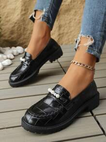 Black Patent Leather Mary Jane Platform Oxford Shoes For Women, Chunky Sole Pearl Decor French Style Loafers, 2025 Spring Autumn New Collection
