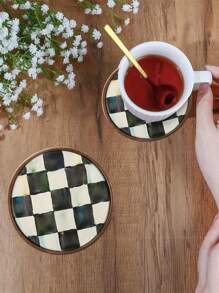 6 Stücke runde Holzuntersetzer - Schachbrettmuster - Kaffeetassen Getränkeuntersetzer für Heimdekoration Einweihungsgeschenk, dekorative Wein- und Bierbar-Untersetzer, 2D flacher Schutz für heiße und kalte Getränke, 4 Inches