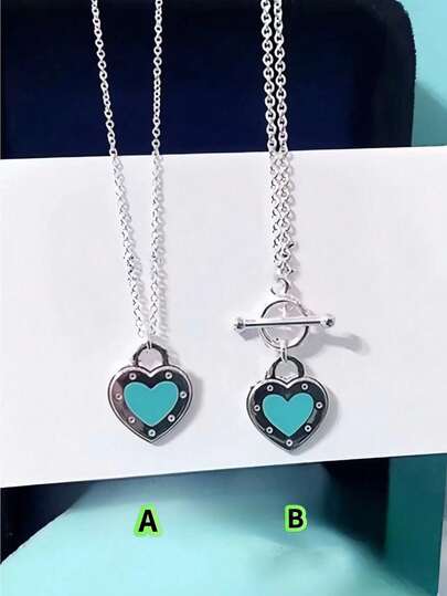S925 Sterling Silver Women's Blue Heart Necklace Letter LOVE Pendant Simple Versatile Pin Buckle Love Lock