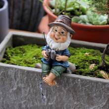 1 pieza Estatua de gnomo de pesca de resina, escultura de jardín, decoración de arte de patio para exteriores, figura decorativa de pescador caprichoso