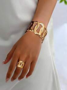 2 件复古金属几何夸张线条缠绕手链和可调节戒指套装，女士百搭配饰 - 金色 - 查看 12