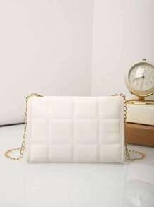 1pc Quilted Plaid Flap Shoulder Bag With Mini Metal Chain, Stitched Mini Crossbody Bag