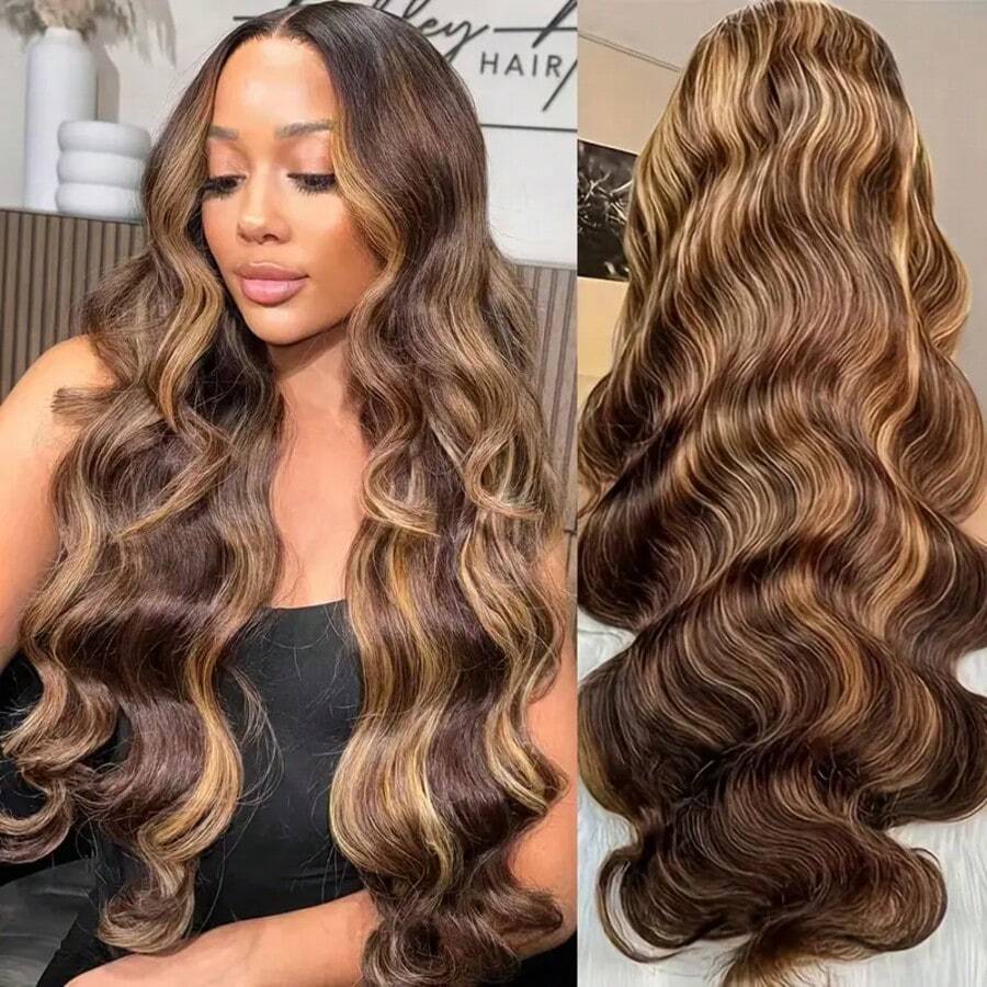 Highlight Ombre Glueless Wig Human Hair Fiber Pre Plucked Pre Cut 5x5 HD Lace Closure Wigs 4/27 Colored Body Wave Blend Human Hair Wig For Women Piano Color 34 Inch(Bob Wig 6inch) - S4/27 - View 1