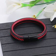 Men Stainless Steel Magnetic Clasp Braided Black Leather Bracelet For Men Wristband Bangle