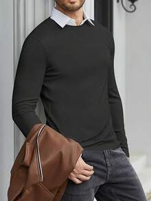 SANOPY Men's Slim Fit Sports Round Neck Elastic Vertical Striped Long-Sleeved T-Shirt Casual Bottoming Top - 黑色 - 查看 2