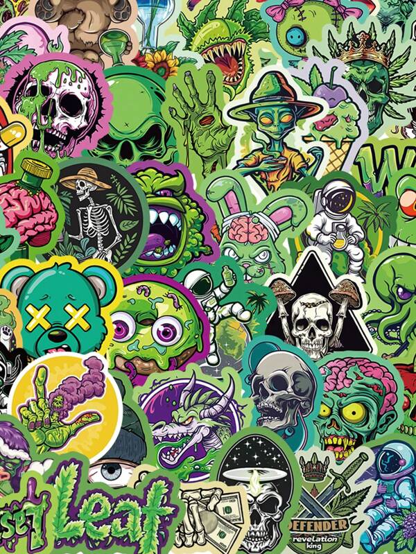50pcs Green Skull Graffiti Stickers Flower Waterproof DIY Aesthetic Vinyl Waterproof Stickers Decals Scrapbook, Laptop, Bumper, Skateboard, Water Bottles, Computer