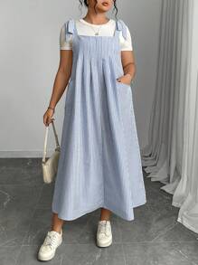 Plus Size Women Striped Dual Pocket Casual Loose Strap Dress Maxi Women Outfit