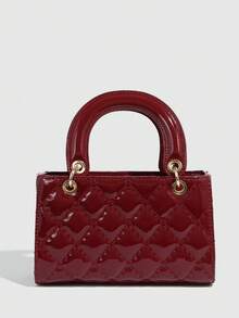 1个PU皮革包，横款酒红色女士手提包，百搭新款夏季漆面绗缝托特包，结构化小包，时尚单肩斜挎包，几何图案钱包，情人节礼物