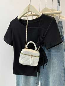 夏季新品简约不对称抽绳短袖T恤休闲上衣