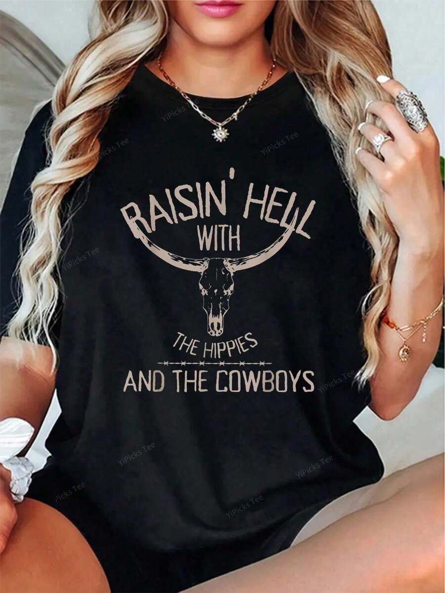 Camisetas gráficas con diseños de hippies y vaqueros, estilo western y de vaquera para festivales. Blusas de mujer estilo Y2K para verano. Blusa de mujer de cuello redondo, diseño artístico, para el verano - Negro - Ver 1