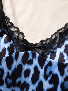 1 pezzo Camicia da notte sexy da donna, abito sottoveste con spacco, orlo in pizzo a contrasto con stampa leopardata - Blu reale - Visualizzare 4