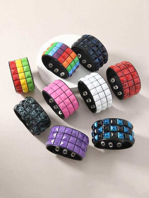 1pc Punk Style Multicolor Square Rivet Bracelet, Fashion Bangle For Men And Women, Street Casual, Club, Halloween, Simple Design To Showcase Unique Personalized