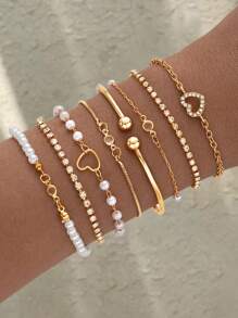 8/11 pièces Ensemble de bracelets mode minimaliste élégant rétro mignon, avec cœur, perle, chaîne torsadée. Accessoires polyvalents superposés pour vacances, fête, rendez-vous, usage quotidien
