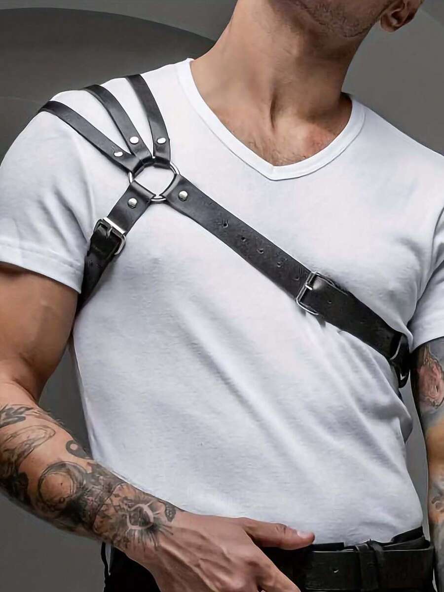 Men's Sexy Pu Leather Straps, Skinny Corset, Arm Restraints, Punk Style, Carnival Day , Everyday Wear, Men's Fashion Straps, Bold Men's Costume Shaping Waistband Straps, Men's Gladiator Chest Protectors, Men's Gladiator Shoulder Armor, Gothic Straps Costume Accessory - Black - View 1