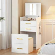 3 In 1 Make Vanity Desk With Flip Top Mirror,Glass Top Makeup Vanity Table With Cushioned Stool,Small Dressing Table With 3 Drawers,Compact Vanity Set For Apartment,Dormitory - 白色 - 查看 1