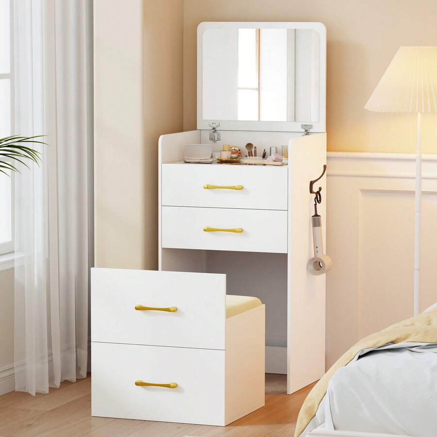 3 In 1 Make Vanity Desk With Flip Top Mirror,Glass Top Makeup Vanity Table With Cushioned Stool,Small Dressing Table With 3 Drawers,Compact Vanity Set For Apartment,Dormitory - 白色 - 查看 1