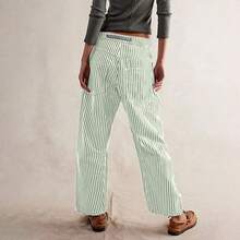 Womens Baggy Barrel Horseshoe Jeans Wide Leg Drawstring Vintage Denim Pants Striped Patchwork Tie Waist Jeans With Pockets - 綠色 - 查看 4