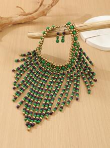 1 Set Di Collana e orecchini fatti a mano, a più strati, con nappine esagerate e perline, adatti per serate, vacanze, stile sud-est asiatico, bohémien, mediorientale, occidentale, retrò, raffinati