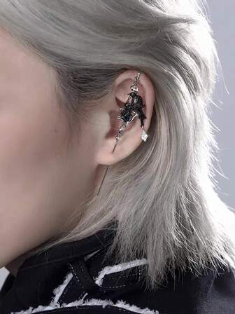 1 pieza Pendientes con restricción de cadena con diseño gótico oscuro y cuervo, pendientes creativos y únicos con diseño asimétrico de rama y flor, elegante y de estilo chic para mujer