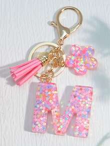 1 件粉色亮片字母钥匙扣、树脂钥匙扣吊坠、个性化背包装饰、花卉流苏礼物情人节汽车配件包魅力学院可爱哥特 Y2k