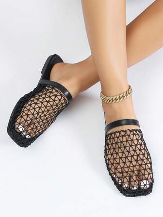 Women's Mesh Slide Sandals, Fashion Casual Sexy Minimalist Flat Slip-On Shoes, Comfortable And Stylish For Beach Holiday Walks
