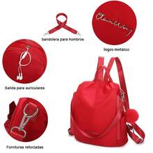 1pc Women's Anti-Theft Waterproof Backpack (13L), Convertible Backpack With Removable Handles And Pom-Pom, School Backpack - Red - View 5