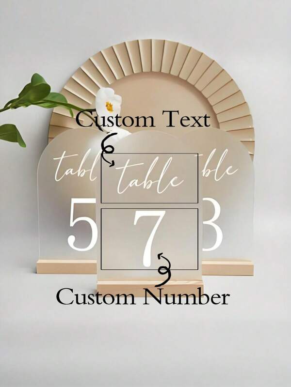 1pc Customized Table Number Plate, Frosted Acrylic Arch Shaped Sign With Wooden Base, Personalized Text & Numbers, Decor For Wedding, Party, Bar, Gathering