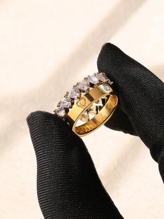 Juego de 2 anillos con baño de oro de 18k en acero inoxidable con anillos ajustables con forma de corazón con baño de oro de 14k y CZ, elegante para uso diario de mujeres y como regalo