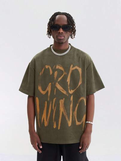  Camiseta de manga corta con estampado de grafiti de ante retro americano MT99 para hombres, verde militar, versátil y resistente para parejas