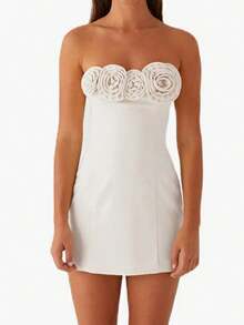 Women Summer Y2k Vintage Strapless Mini Dress Strapless Backless 3D Flowers Slim Fit Tube Dress Club Party Wedding Vacation - 白色 - 查看 1