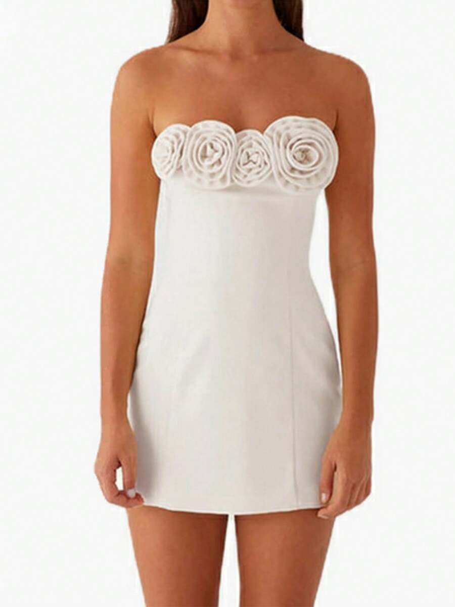 Women Summer Y2k Vintage Strapless Mini Dress Strapless Backless 3D Flowers Slim Fit Tube Dress Club Party Wedding Vacation - 白色 - 查看 1