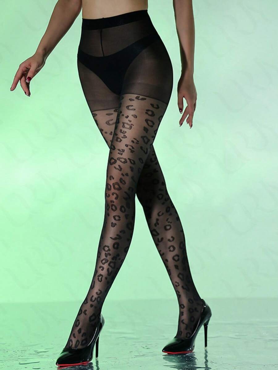 1 件女士时尚性感豹纹拼接雪纺连裤袜