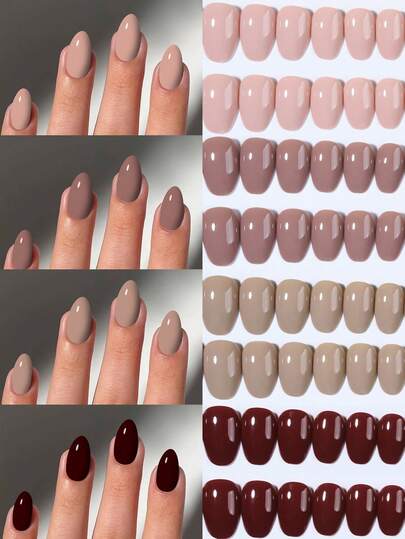 96 قطعة/علبة (4 أنماط مختلطة) ملصقات أظافر بيضاوية قصيرة بني، ملصقات أظافر أكريليك قصيرة، أظافر صناعية كاملة التغطية، تشمل 1 طلاء جل و 1 ملف أظافر، مع صندوق تخزين، مناسبة للنساء والفتيات للاستخدام اليومي والحفلات، لوازم الأظافر