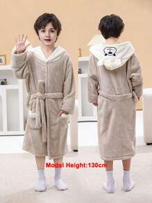 1 Pc Bear Hooded Patten Designed Bathrobe For Kids, Plush Coral Fleece Children's Bathrobe, Waist Belt Included, Multiple Colors Available, Morning Grown, Sleepwear Pajamas Toddler Soft Plush Robes Ultra Soft Water Absorbent Breathable Bath Towel Beach Towel Pool Towel, Suitable For Bathroom, Bedroom, Home, Hotel, Party, Swimming Pool, Birthday Presents, Gifts, Back To School